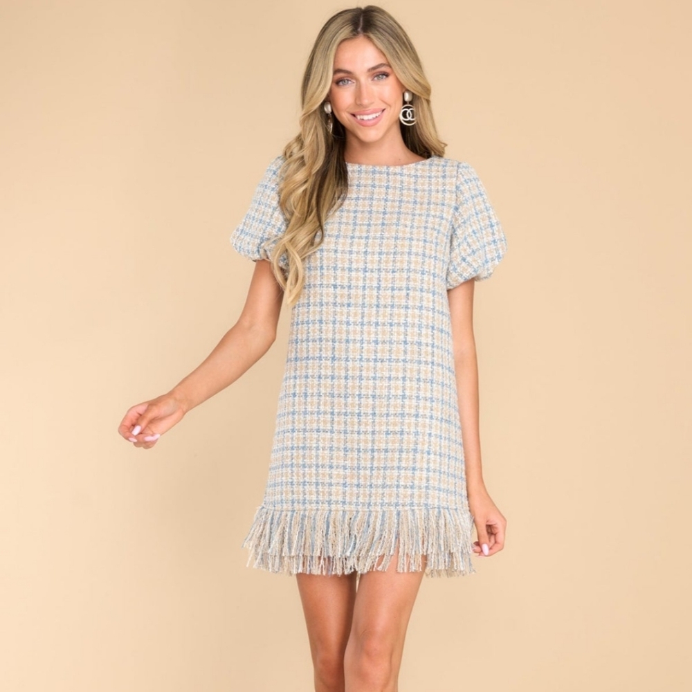 Aura Neutral Beauty Plaid Tweed Dress, Size Small, Color Beige/Blue